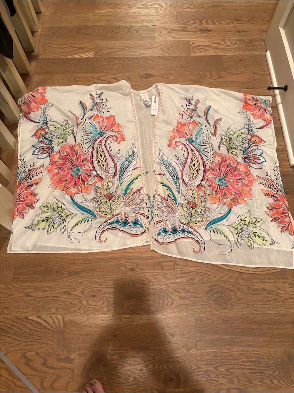 Chico’s New w tags Floral Printed Kimono Jacket - White with Coral & Teal Accent